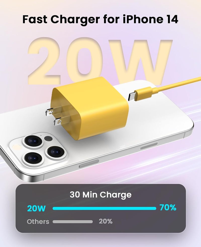 FEEL2NICE iPhone Charger Fast Charging 2 Pack Type C Wall Charger Block with 2 Pack [6FT&10FT] Long USB C to Lightning Cable for iPhone 14/13/12/12 Pro Max/11/Xs Max/XR/X,AirPods Pro,Yellow - Image 2